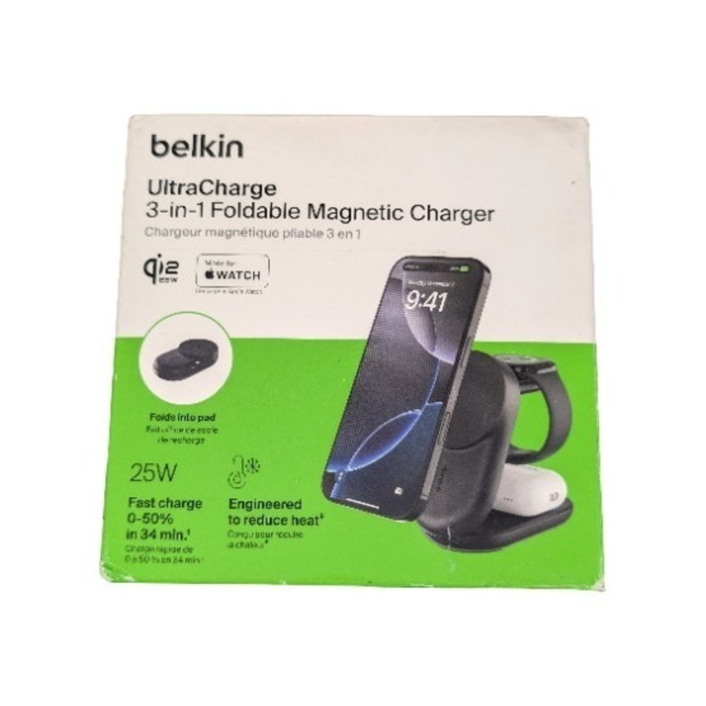 P6O Belkin 3-in-1 Foldable Magnetic Charging Stand 25W Qi2 MagSafe iPhone Black
